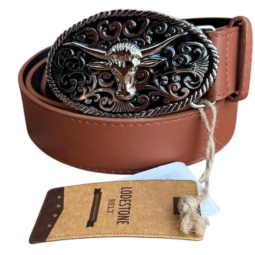 Lodestone $108 Western Leather Belt Longhorn Buckle Cognac Size M NEW